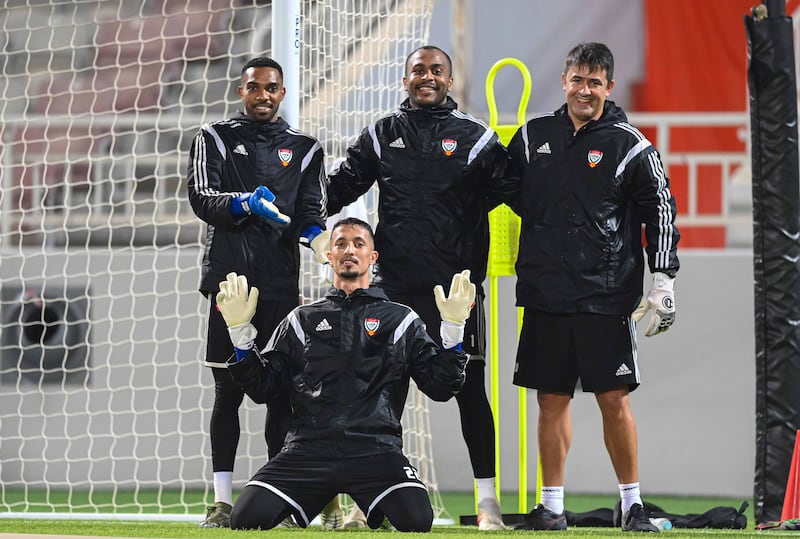 The UAE football team train at the Abdullah bin Khalifa Stadium in Doha ahead of their 2022 World Cup play-off against Australia on Tuesday. Photo: UAE FA