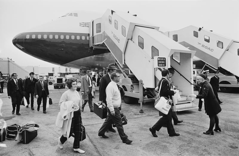 Passengers boarding the first BOAC Jumbo Jet 747 used for a commercial flight, from London Heathrow to New York, in 1971