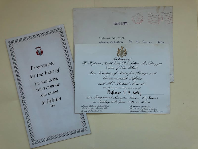 A printed invitation to JB Kelly to a reception held in Sheikh Zayed's honour in London in 1969.