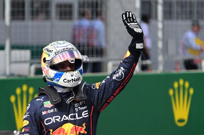 Red Bull driver Max Verstappen celebrates after sealing pole position after the sprint race for the Austrian Grand Prix. AFP