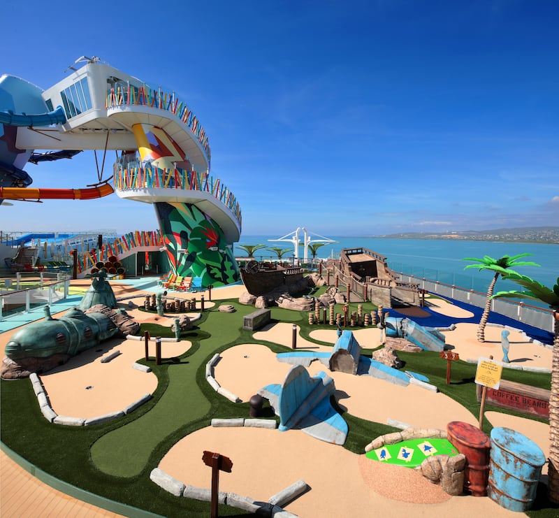 Highlights on Thrill Island include Lost Dunes mini golf, fallen palms and beached planes and ships. Photo: Royal Caribbean