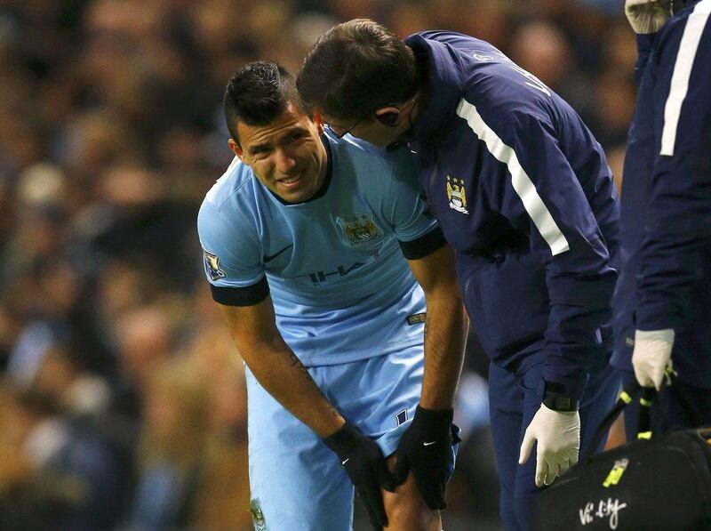 Sergio Aguero of Manchester City reacts after sustaining an injury in the second minute of his side's Premier League win against Everton on Saturday. Darren Staples / Reuters