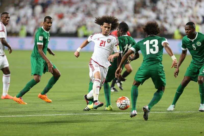 Omar Abdulrahman of UAE in action during a World Cup Qualifier football match between UAE and Saudi Arabia at Mohammed Bin Zayed Stadium in Abu Dhabi. 29 March 2016. Photo: Imran Shahed / Al Ittihad *** Local Caption ***  sp30mr-pg3-Omar.jpg