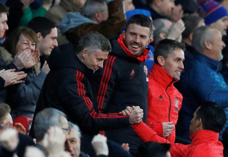 Manchester United interim manager Ole Gunnar Solskjaer celebrates after Paul Pogba scores. Reuters