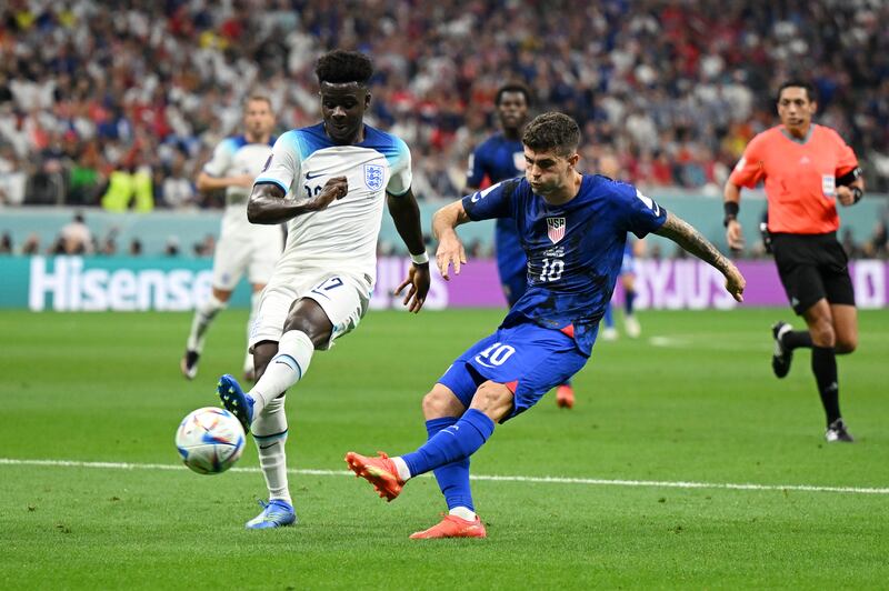 USA attacker Christian Pulisic hits a shot against the crossbar in the first half during their goalless draw with England at Al Bayt Stadium on November 25, 2022. Getty