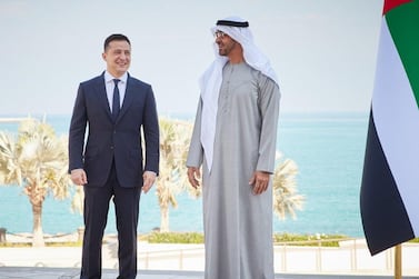 Sheikh Mohamed bin Zayed, Crown Prince of Abu Dhabi and Deputy Supreme Commander of the Armed Forces, meets the Ukrainian President, Volodymyr Zelenskiy, on Sunday. Courtesy: Volodymyr Zelenskiy, Twitter