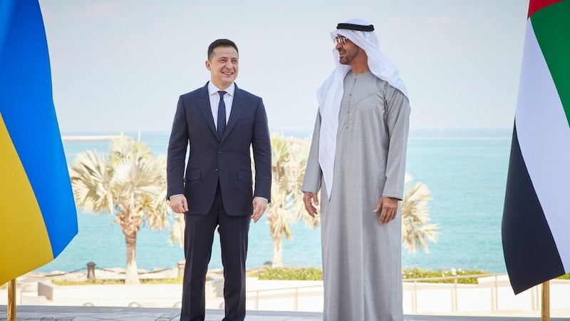 Sheikh Mohamed bin Zayed, Crown Prince of Abu Dhabi and Deputy Supreme Commander of the Armed Forces, meets the Ukrainian President, Volodymyr Zelensky, on Sunday. Courtesy: Volodymyr Zelensky, Twitter