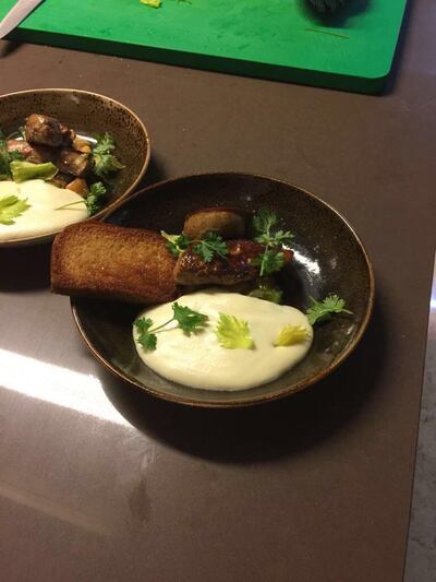 Foie gras with melon salad, mashed potato and brioche.