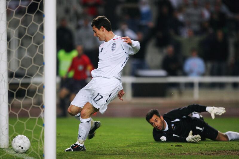 BARCELONA, SPAIN - MARCH 28: David Nugent of England scores the third goal past J L Alvarez during the Euro 2008 Qualifying Match between Andorra and England at the Olympic Stadium on March 28, 2007 in Barcelona, Spain.  (Photo by Laurence Griffiths/Getty Images)