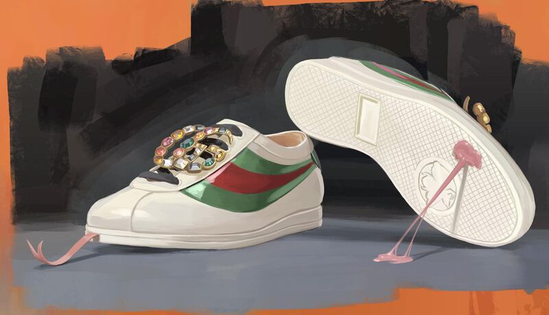 This third exclusive shot has a forked snake’s tongue - and some bubblegum - extending from the sole of a Gucci trainer