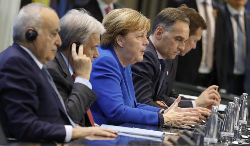 UN Special Envoy for Libya, Ghassan Salame, Secretary General of the United Nations (UN), Antonio Guterres, German Chancellor Angela Merkel, German Foreign Minister Heiko Maas and Spokesman of the German government Steffen Seibert attend a press conference on the International Libya Conference in Berlin.  EPA