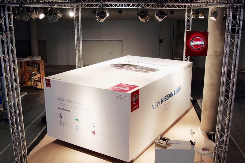 The Nissan Leaf sits comfortably in its box before the unveiling. Courtesy Nissan