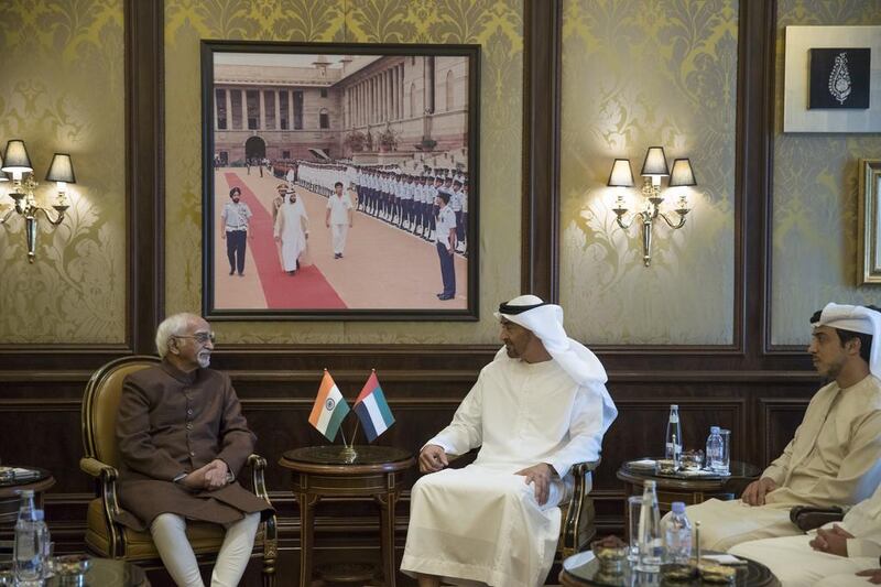 Sheikh Mohammed bin Zayed meets Mohammad Hamid Ansari, Vice President of India. With them is Sheikh Mansour bin Zayed, Deputy Prime Minister and Minister of Presidential Affairs. Mohamed Al Hammadi / Crown Prince Court - Abu Dhabi