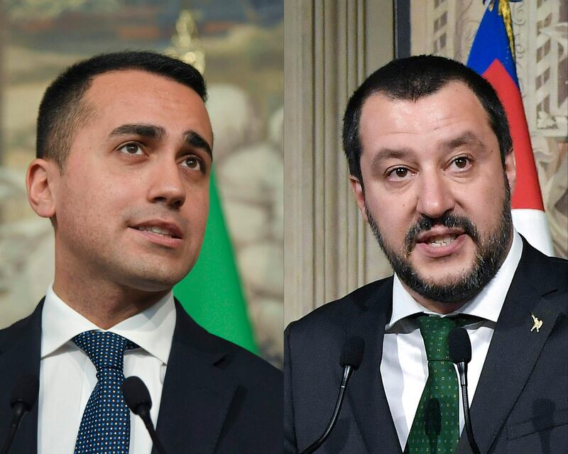 (COMBO) This combination of files pictures created on May 10, 2018 shows anti-establishment Five Star Movement (M5S) leader Luigi Di Maio (L) speaking to the press after a meeting with Italian President Sergio Mattarella on May 7, 2018 at the Quirinale palace in Rome. And the leader of the far-right party Lega, Matteo Salvini, speaking to journalists after a meeting with the Italian President on April 12, 2018, at the Quirinale Palace in Rome.
 With coalition negotiations underway between the anti-establishment Five Star Movement and the nationalist League party, on May 10, 2018 Italy could deliver Western Europe it's first deeply populist government. / AFP / Tiziana FABI
