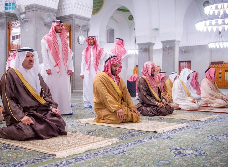 Mohammed bin Salman, Crown Prince of Saudi Arabia, visits the Quba Mosque and performs rak’ahs along with Prince Faisal bin Salman (L), governor of Madinah.