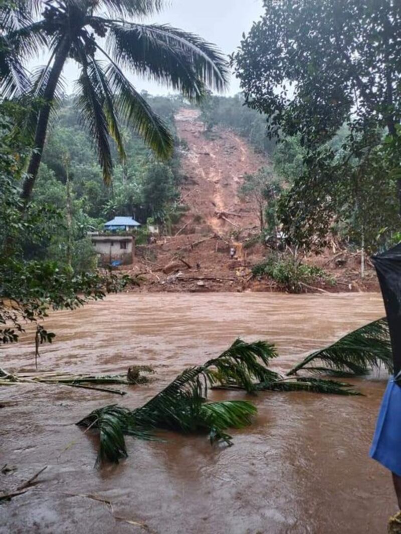 Five people are reported to have been killed in flooding in the districts of Kottayam and Idukki, with another 12 missing. Photo @AdvkShreeKanth via Twitter