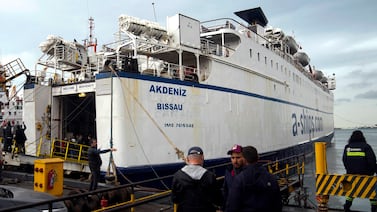 The Akdeniz, a passenger ship that is part of the Freedom Flotilla. Israel has demanded that Guinea Bissau withdraw its flag from the vessel, organisers say. AP