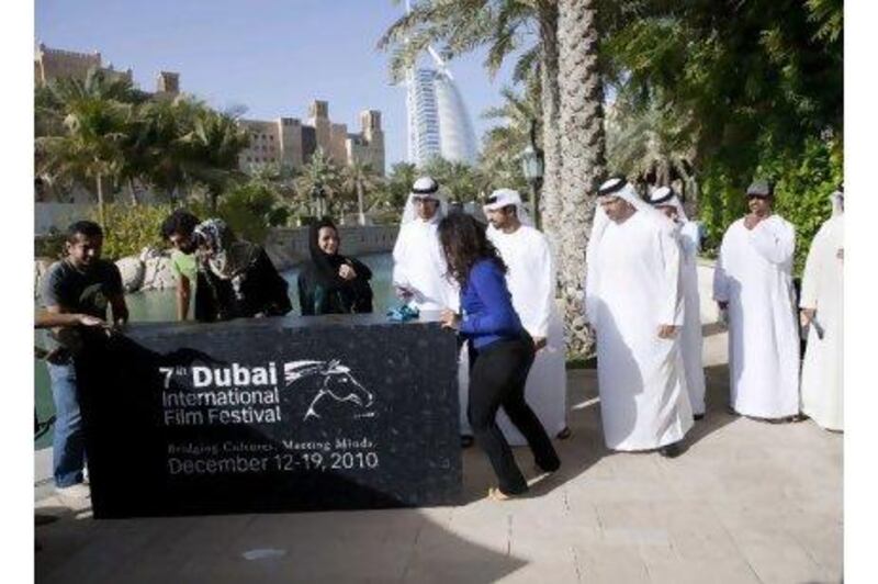 Emirati filmmakers yesterday gather at Madinat Jumeirah during the the Dubai International Film Festival.