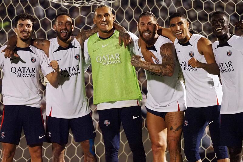 PSG players, including Sergio Ramos, Neymar and Keylor Navas during training session in Tokyo. AFP