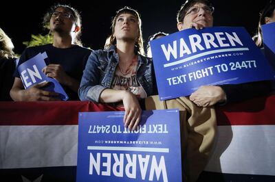 MONTEREY PARK, CALIFORNIA - MARCH 02: Supporters watch as Democratic presidential candidate Sen. Elizabeth Warren (D-MA) delivers a campaign speech at East Los Angeles College on March 2, 2020 in Monterey Park, California. California is one of 14 states participating in the Super Tuesday vote on March 3.   Mario Tama/Getty Images/AFP
== FOR NEWSPAPERS, INTERNET, TELCOS & TELEVISION USE ONLY ==
