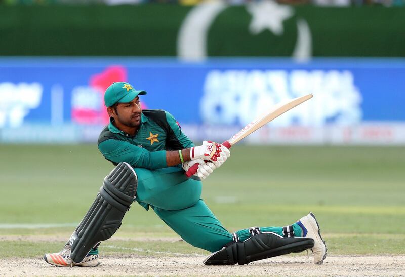Dubai, United Arab Emirates - September 23, 2018: Pakistan's Sarfraz Ahmed bats during the game between India and Pakistan in the Asia cup. Sunday, September 23rd, 2018 at Sports City, Dubai. Chris Whiteoak / The National