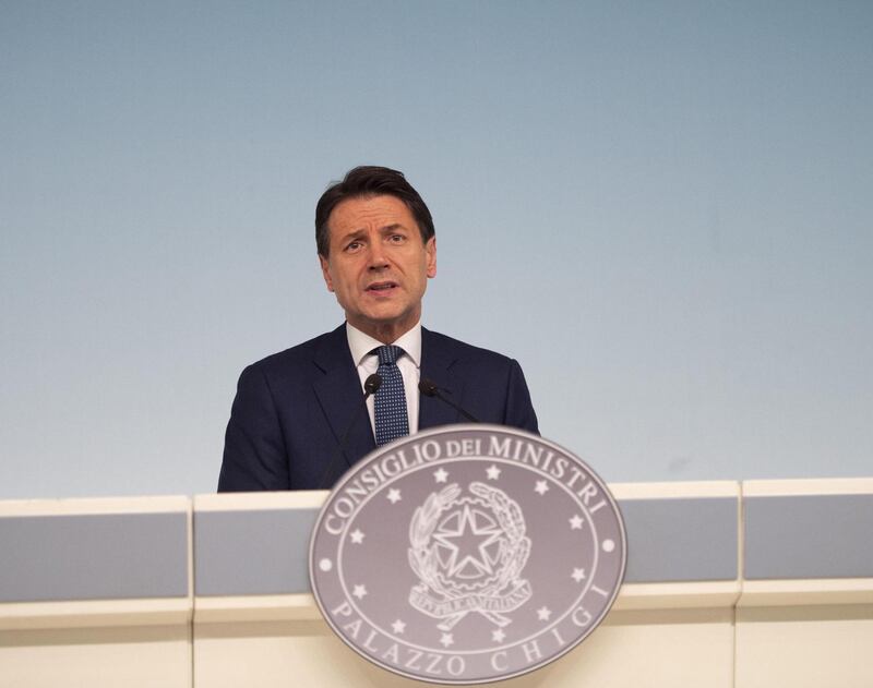 epa07763013 Italian Prime Minister Giuseppe Conte delivers a speech at Chigi Palace, Rome, Italy, 08 August 2019. According to reports, Deputy Prime Minister Matteo Salvini has called for an early elections after the coalition has broken down erlier today.  EPA/RAFFAELE VERDERESE