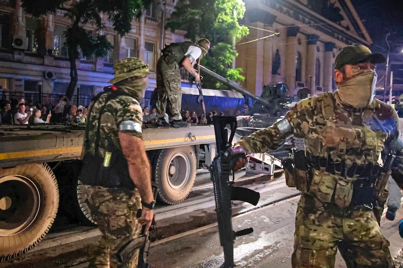 Russian Wagner Group mercenaries on a street in Rostov-on-Don, southern Russia, during a short-lived mutiny in June. AP