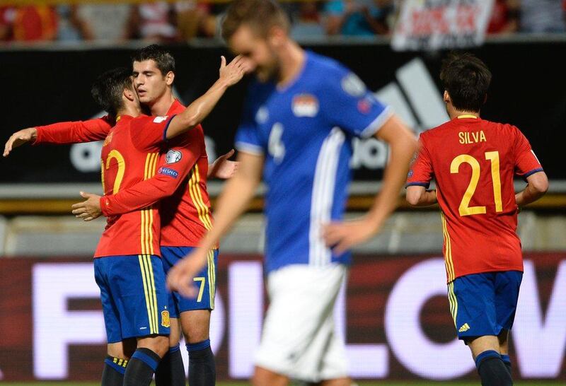 Spain forward Alvaro Morata celebrates after scoring against Liechtenstein. Miguel Riopa / AFP