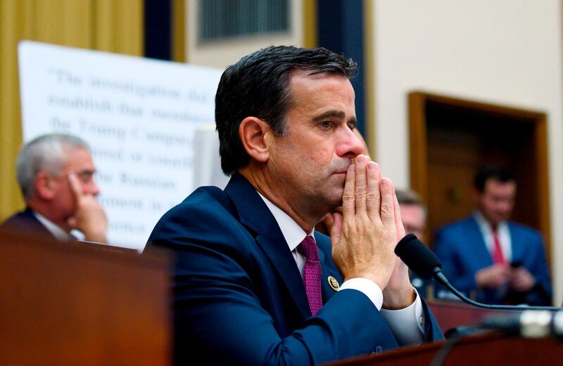 (FILES) In this file photo taken on July 24, 2019 US Representative John Ratcliffe, Republican of Texas, listens as former Special Counsel Robert Mueller testifies in Washington, DC. US President Donald Trump said August 2, 2019, that Congressman John Ratcliffe, his nominee to be the next Director of National Intelligence, was withdrawing from consideration. Trump said he would announce a new nominee "shortly" to replace Dan Coats as head of the 17 agencies that make up the US intelligence community. / AFP / ANDREW CABALLERO-REYNOLDS

