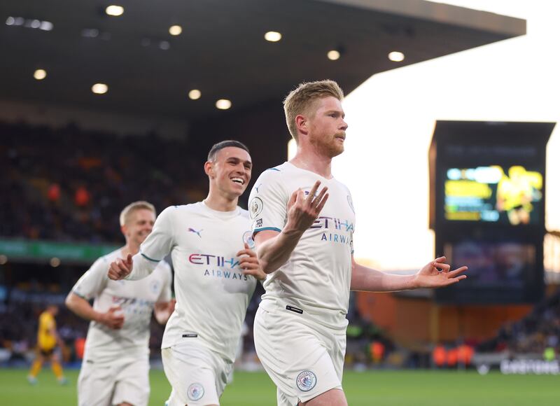 De Bruyne celebrates City's third goal and his hat-trick. Getty