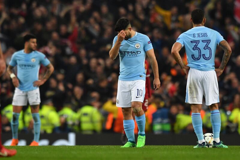 Manchester City's Sergio Aguero shows his disappointment. Anthony Devlin / AFP