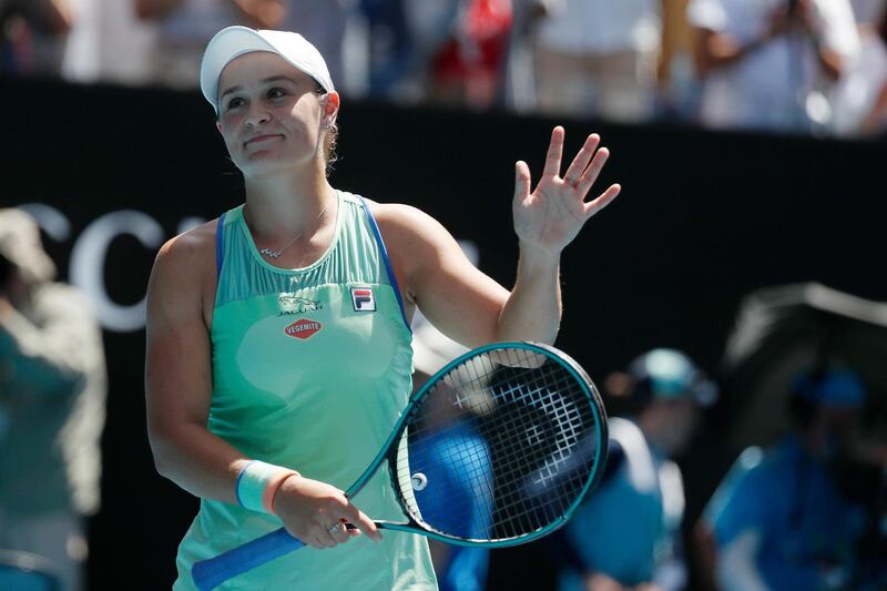 epa08171326 Ashleigh Barty of Australia reacts after winning her women's singles quarterfinal round match against Petra Kvitova of Czech Republic at the Australian Open Grand Slam tennis tournament in Melbourne, Australia, 28 January 2020. EPA/ROMAN PILIPEY