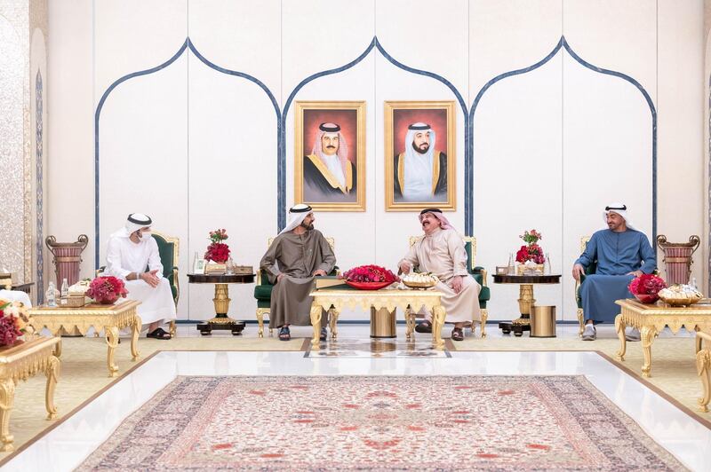 ABU DHABI, UNITED ARAB EMIRATES - February 20, 2021: HM King Hamad bin Isa Al Khalifa, King of Bahrain (2nd R) receives HH Sheikh Mohamed bin Zayed Al Nahyan, Crown Prince of Abu Dhabi and Deputy Supreme Commander of the UAE Armed Forces (R) and Sheikh Mohamed bin Rashid Al Maktoum, Vice-President, Prime Minister of the UAE, Ruler of Dubai and Minister of Defence (2nd L). Seen with HH Sheikh Hamdan bin Mohamed Al Maktoum, Crown Prince of Dubai (L).

( Rashed Al Mansoori / Ministry of Presidential Affairs )
---