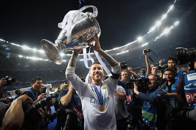 KIEV, UKRAINE - MAY 26: Sergio Ramos of Real Madrid celebrates with the UEFA Champions League Trophy following his sides victory in the UEFA Champions League Final between Real Madrid and Liverpool at NSC Olimpiyskiy Stadium on May 26, 2018 in Kiev, Ukraine. (Photo by Michael Regan/Getty Images)