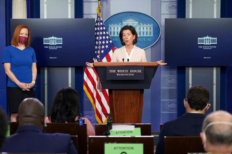 epa09120815 US Secretary of Commerce Gina Raimondo (C) answers questions during a White House press briefing in the James S. Brady Press Briefing Room at the White House in Washington, DC, USA, on 07 April 2021. Press Secretary Jen Psaki (L) introduced Secretary of Commerce Raimondo who took questions about topics including COVID-19 and infrastructure.  EPA/Leigh Vogel / POOL