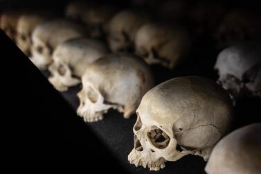 In this file photo taken on April 07, 2021 Victims' skulls are displayed at the Kigali Genocide Memorial in Kigali, Rwanda. AFP