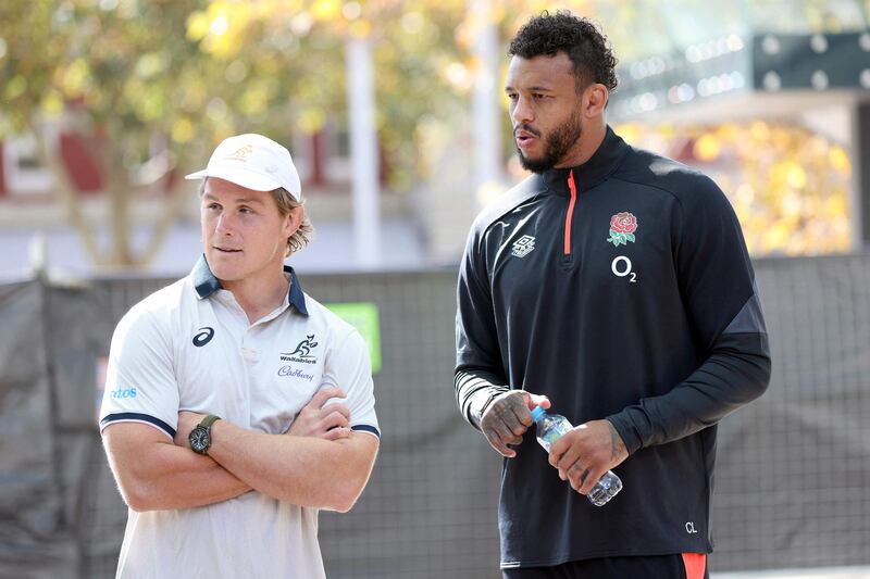 Michael Hooper talks to Courtney Lawes in Perth ahead of the start of the Australia v England series. AFP