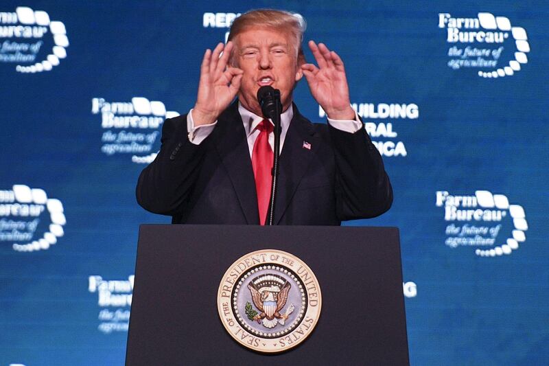 US President Donald Trump speaks at the American Farm Bureau Federation’s 99th Annual Convention at Opryland in Nashville, Tennessee, on January 8, 2018.  / AFP PHOTO / JIM WATSON
