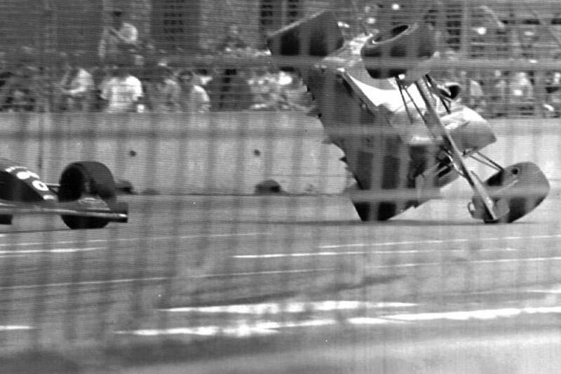 German driver Michael Schumacher is airborne on right after colliding with Damon Hill from Britain on left, at the Australian Grand Prix in Adelaide, Sunday, November 13, 1994. Both drivers were forced out of the race. (AP-Photo/Mark Brock/rmcp/- 11/13/1994 -)