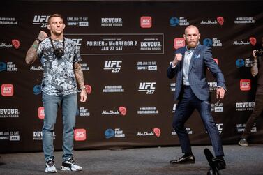 Dustin Poirier and Conor McGregor of Ireland at the UFC 257 press conference event inside Etihad Arena on UFC Fight Island on January 21, 2021 in Yas Island, Abu Dhabi. Courtesy DCT