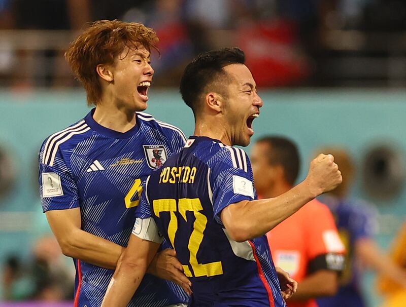 Japan's Maya Yoshida and Kou Itakura after their win over Germany during the World Cup at Khalifa International Stadium on Wednesday, November 23, 2022. Reuters