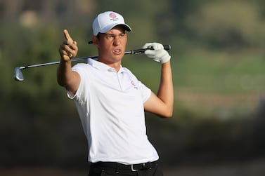 DUBAI, UNITED ARAB EMIRATES - JANUARY 28:   Amateur Josh Hill of England hits his second shot on the 3rd hole during day two of the Slync.io Dubai Desert Classic at Emirates Golf Club on January 28, 2022 in Dubai, United Arab Emirates. (Photo by Warren Little / Getty Images)