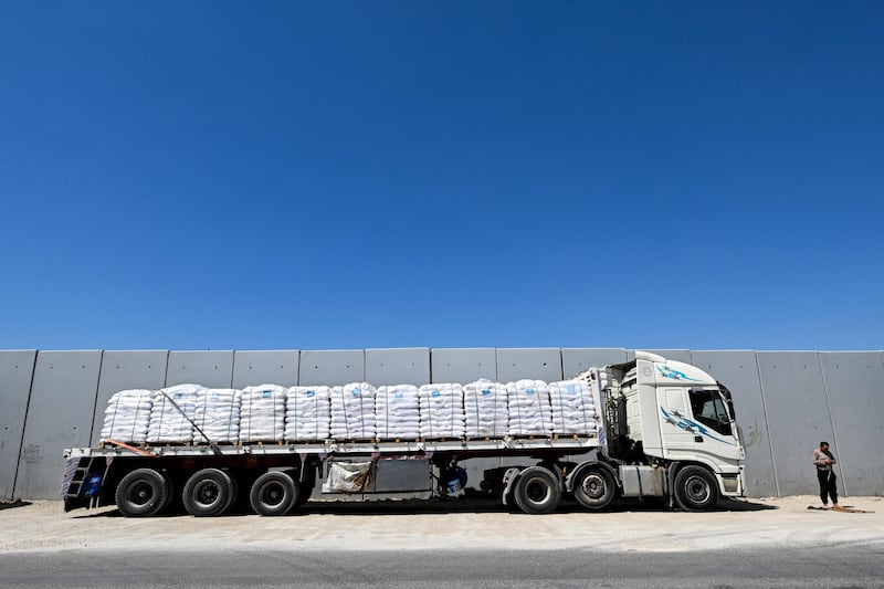 A lorry carrying humanitarian aid for Gaza near the Rafah border crossing. AFP