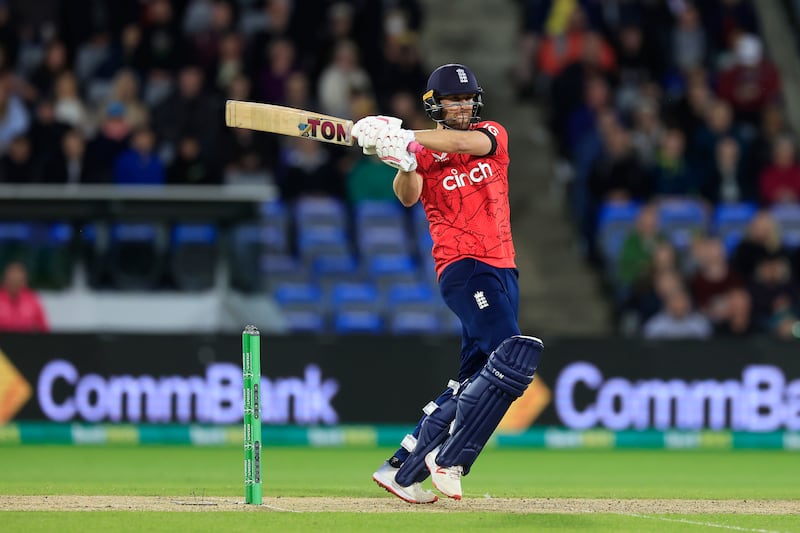 Dawid Malan of England on his way to a score of 82 in the second game of the T20 International series between Australia and England at Manuka Oval in Canberra on October 12, 2022. England won the game by eight runs to take a 2-0 lead in the three-match World Cup warm-up series. Getty 