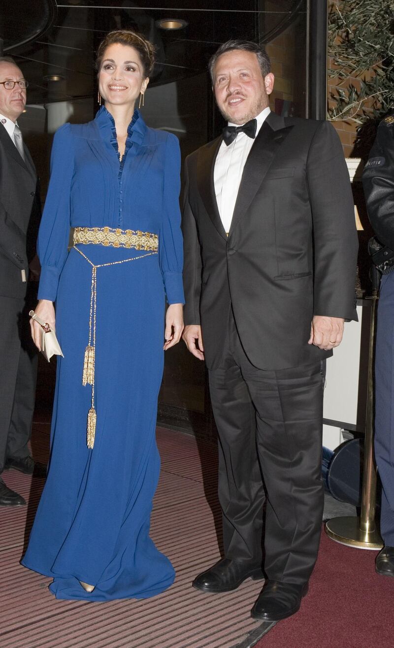 SCHEVENINGEN, NETHERLANDS - OCTOBER 31: King Abdullah II (R) and Queen Rania of Jordan arrive at a dinner hosted by Dutch Queen Beatrix at the Kurhaus Hotel on October 31 2006 in Scheveningen, Netherlands. (Photo by Michel Porro/Getty Images)