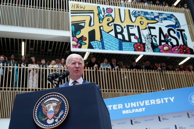 US President Joe Biden delivers a speech at Ulster University in Belfast. AP