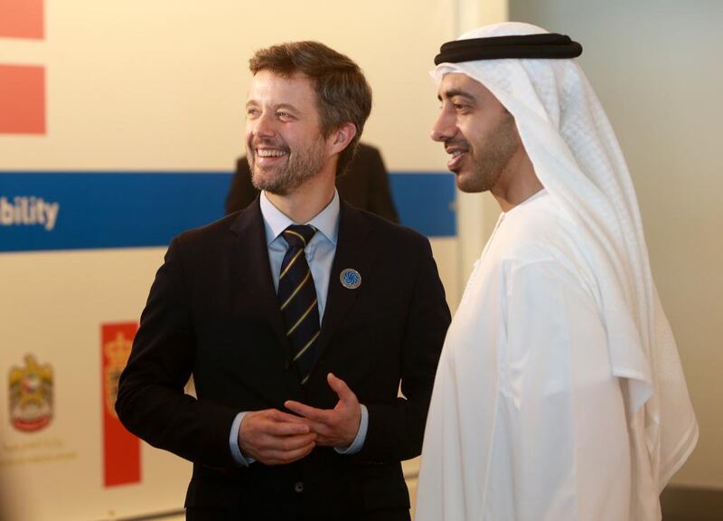 Crown Prince Frederick of Denmark and Sheikh Abdullah bin Zayed Al Nahyan, UAE Minister of Foreign Affairs after the signing ceremony of an MoU on the opening day of World Future Energy Summit 2014 yesterday at Abu Dhabi National Exhibition Centre. Ravindranath K / The National