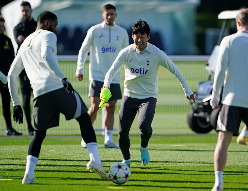 Tottenham Hotspur's Son Heung-min during training at Enfield on Tuesday ahead of their Champions League clash with Eintracht Frankfurt. PA