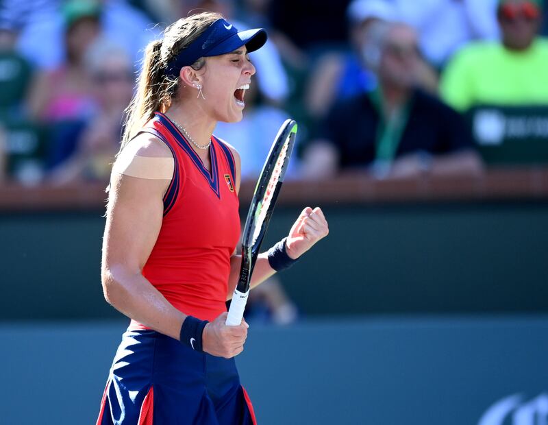 Paula Badosa reacts after winning a point as she defeated Victoria Azarenka. Reuters