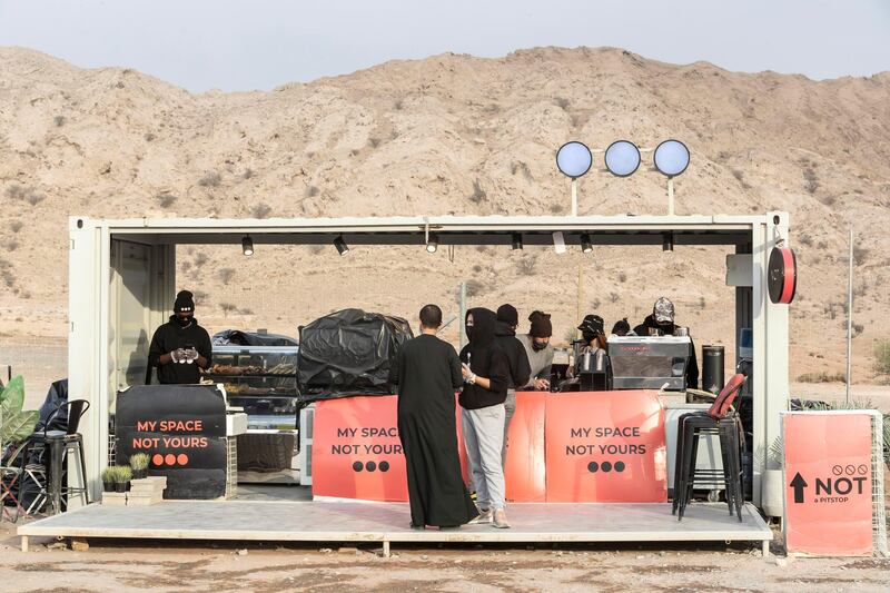 SHARJAH, UNITED ARAB EMIRATES. 21 FEBRUARY 2021. Not A Space is a cool new pop-up location in the Al Faya Desert of Sharjah where people can go to enjoy a coffee and a bite to eat. (Photo: Antonie Robertson/The National) Journalist: Hayley Skirka. Section: National.